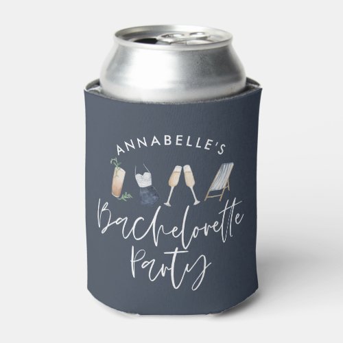 Blue girly modern cocktail script bachelorette can cooler