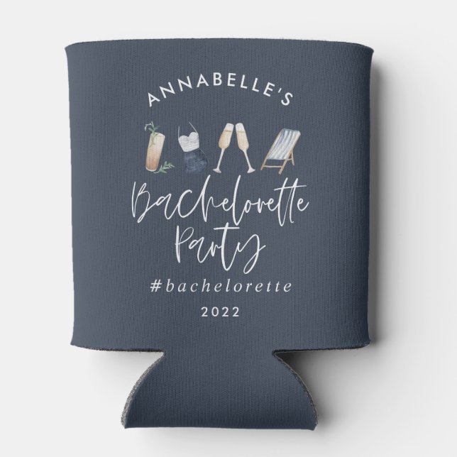 Blue girly modern cocktail script bachelorette can cooler (Back)