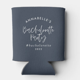 Blue girly modern cocktail script bachelorette can cooler