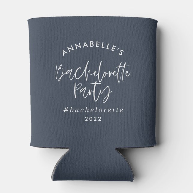 Blue girly modern cocktail script bachelorette can cooler (Back)