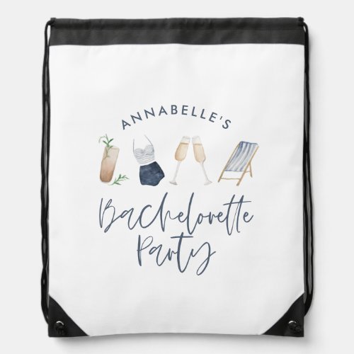 Blue girly modern cocktail script bachelorette drawstring bag