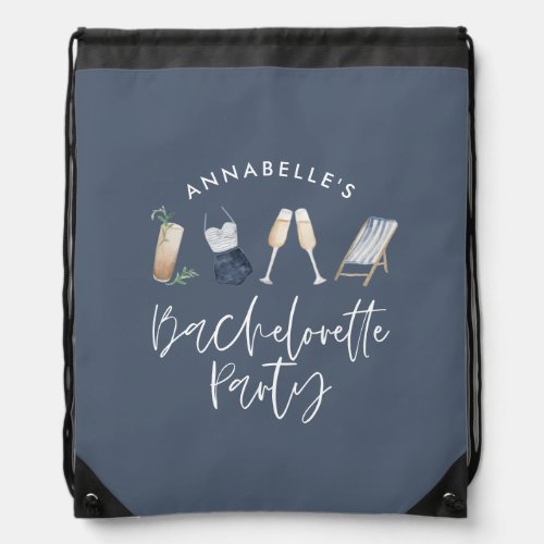 Blue girly modern cocktail script bachelorette drawstring bag