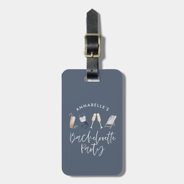 Blue girly modern cocktail script bachelorette luggage tag (Front Vertical)