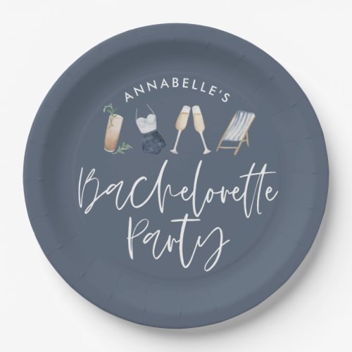 Blue girly modern cocktail script bachelorette paper plates