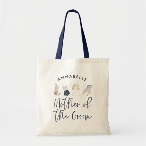 Blue girly modern script mother of the groom tote bag