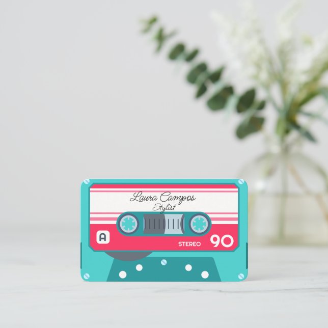 Blue Girly Stylist Music Tape Casette 1980s  Business Card (Standing Front)