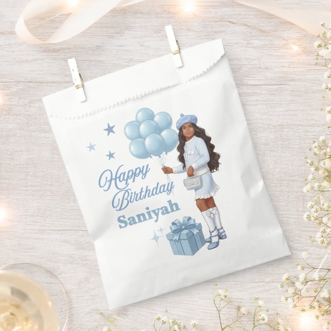 Blue Glam Black Teen Girl Birthday Party Favor Bag (Clipped)