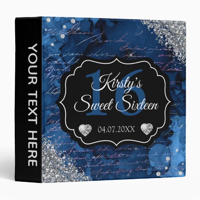 Blue Glam Glitter Sweet Sixteen Photo Album 3 Ring Binder (Front/Spine)