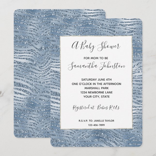 Blue Glam Glitter Zebra Print Baby Shower Invitation (Front/Back)