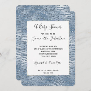 Blue Glam Glitter Zebra Print Baby Shower Invitation