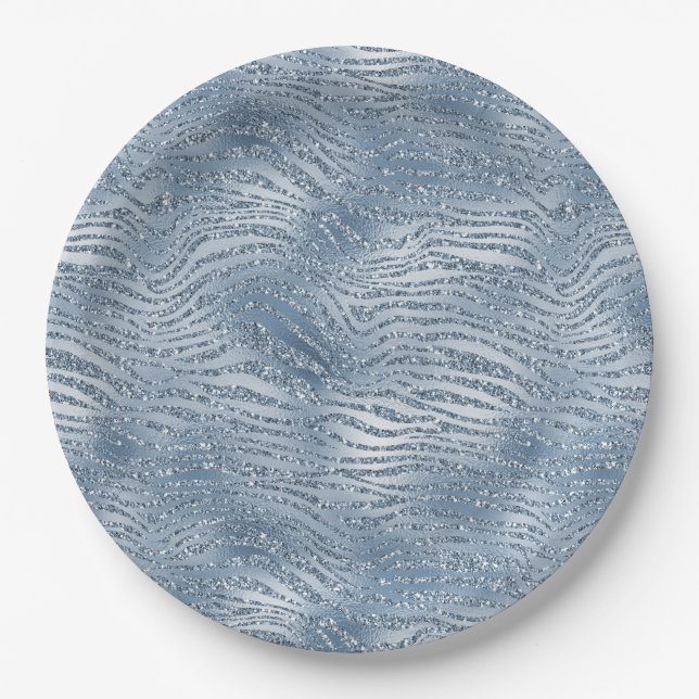 Blue Glam Glitter Zebra Print Paper Plates (Front)