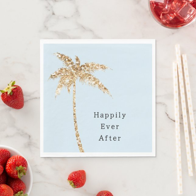 Blue Glam Gold Glitter Palm Tree Napkins (Insitu)