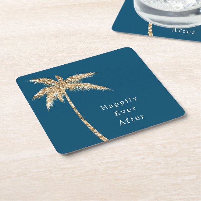 Blue Glam Gold Glitter Palm Tree Square Paper Coaster (Angled)