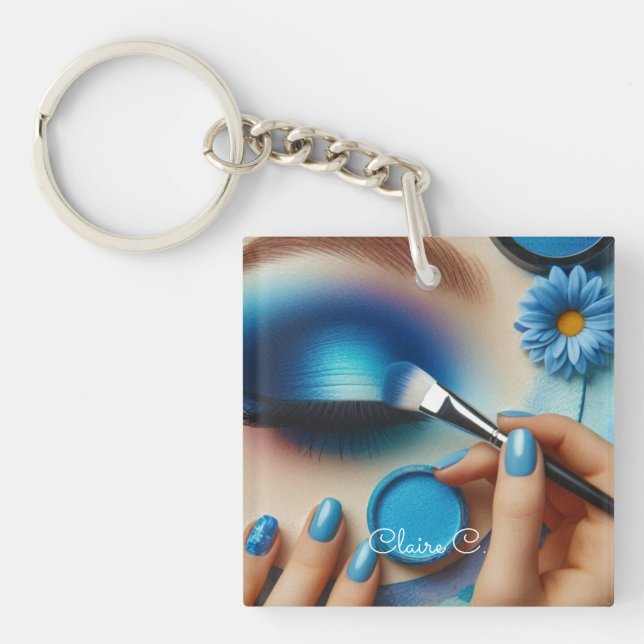Blue Glam Makeup Vibes Personalized Keychain (Front)