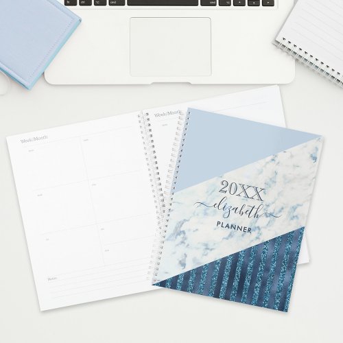 Blue Glam Metallic Glitter and Marble Personalized Planner