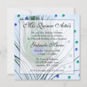 Blue Glam Peacock Feather Quinceanera Birthday Invitation