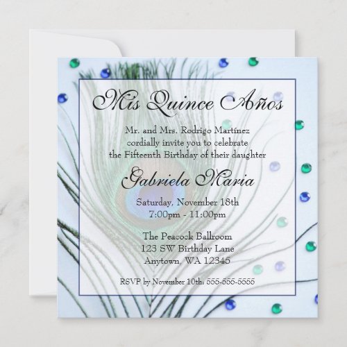 Blue Glam Peacock Feather Quinceanera Birthday Personalized Invites