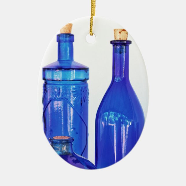 Blue Glass Bottles Ceramic Ornament (Front)