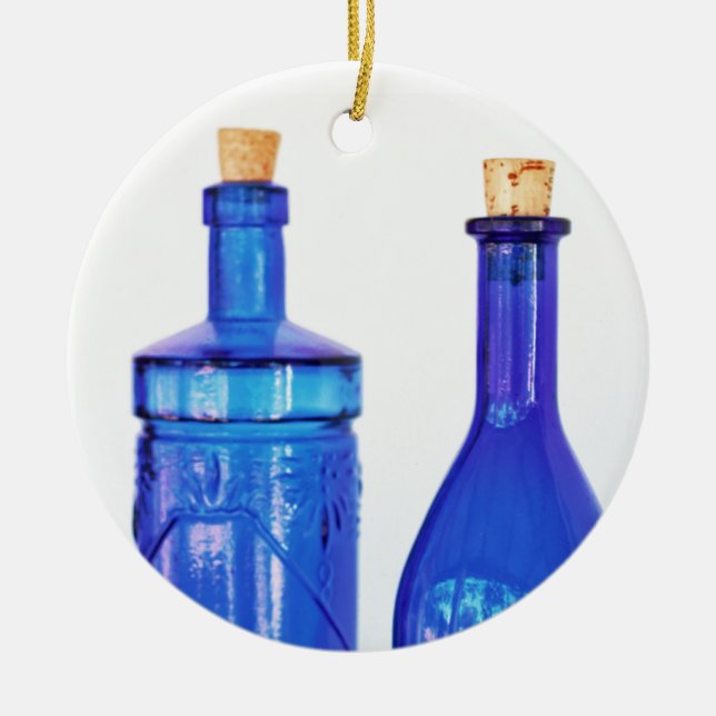 Blue Glass Bottles Ceramic Ornament (Front)