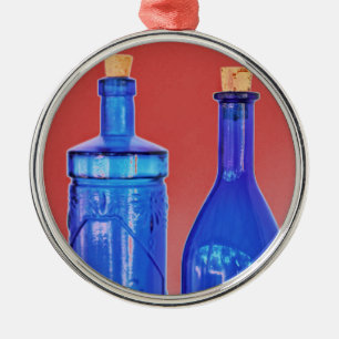 Blue Glass Bottles Metal Ornament