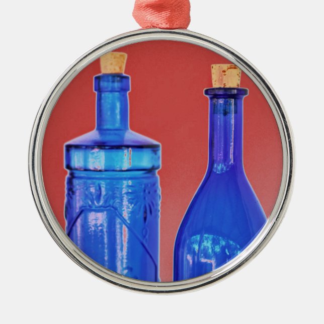 Blue Glass Bottles Metal Ornament (Front)