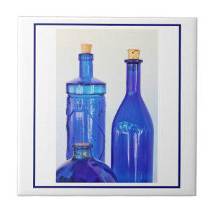 Blue Glass Corked Lined Up Bottles Ceramic Tile