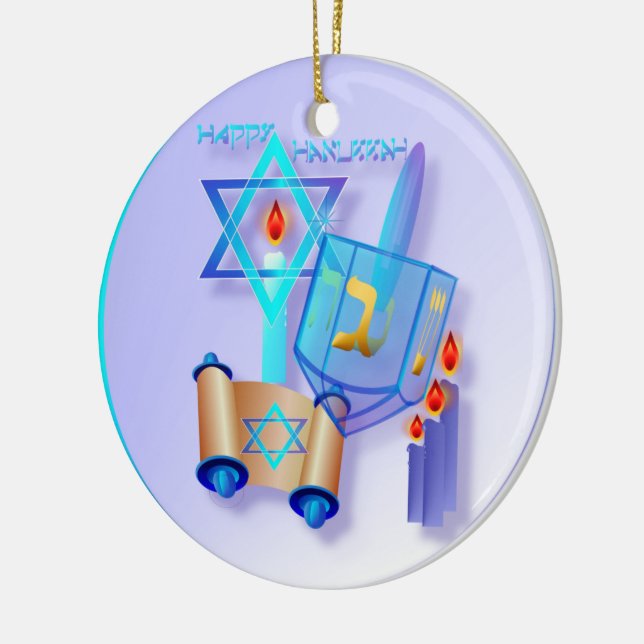 Blue Glass Dreidel-Happy Hanukkah Ceramic Ornament (Left)