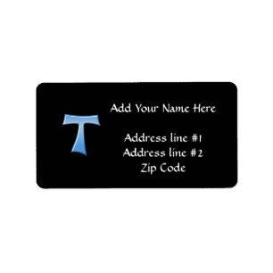 Blue Glass Look Franciscan Tau Cross Label