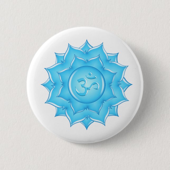 Blue Glass Lotus Flower Om Symbol Drawing Button (Front)