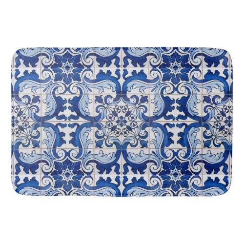 Blue Glazed Azulejo Tile Floral Pattern Bathroom Mat