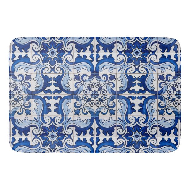 Blue Glazed Azulejo Tile Floral Pattern Bathroom Mat (Front)