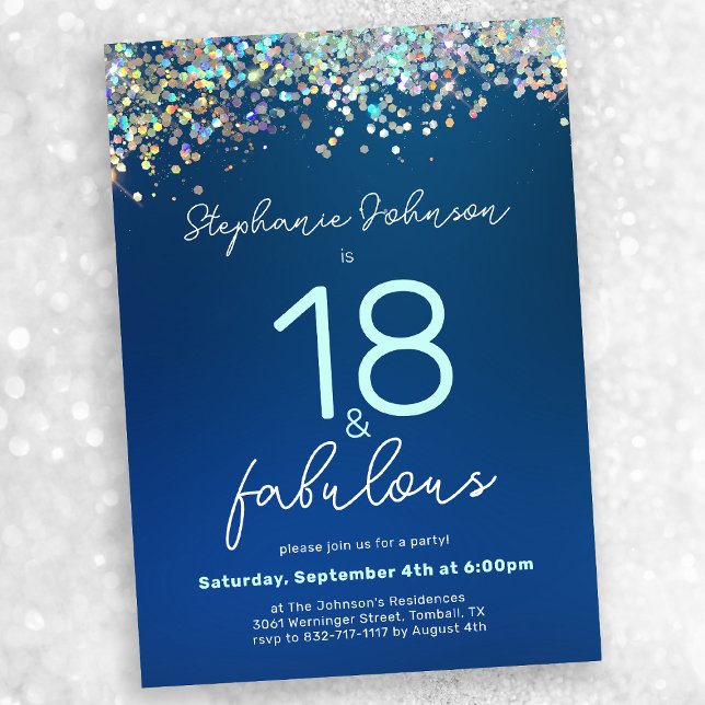 Blue Glitter 18 and Fabulous 18th Birthday Party Invitation (Mock-up view)