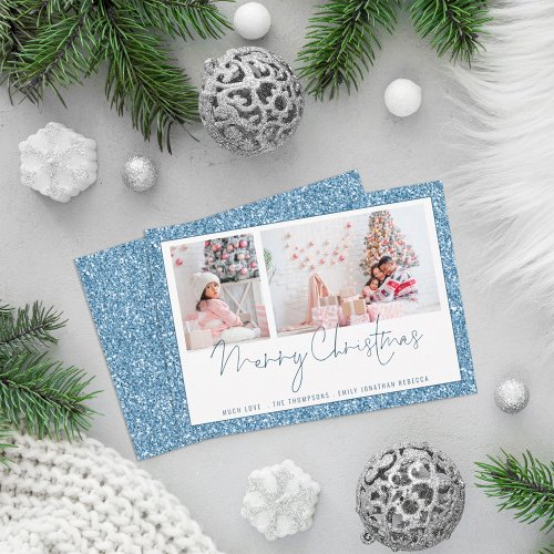 Blue Glitter 2 Photo Script Merry Christmas Card
