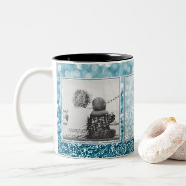 Blue Glitter 2 Pictures w/Text Design Your Own Two-Tone Coffee Mug (With Donut)