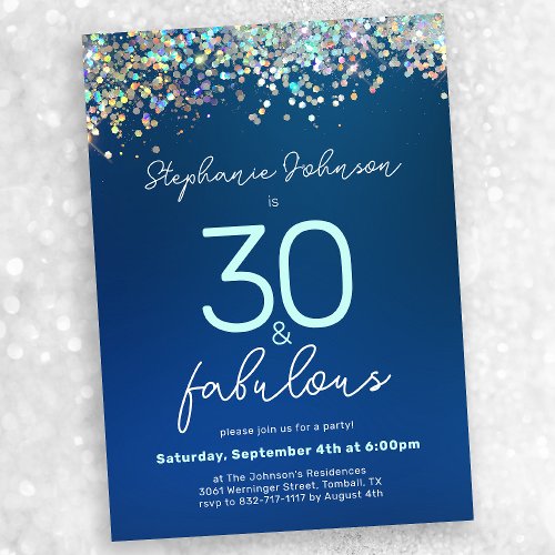 Blue Glitter 30 and Fabulous 30th Birthday Party Invitation