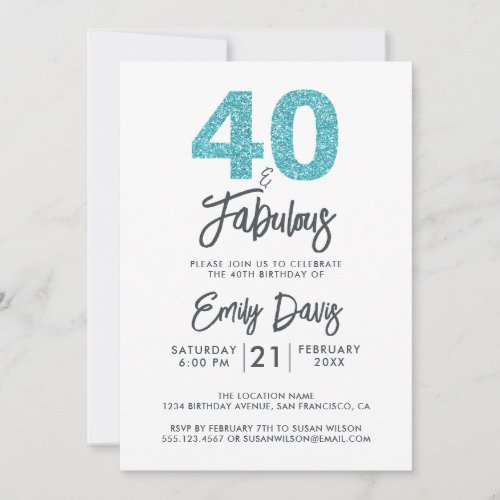 Blue Glitter 40 and Fabulous  40th Birthday Party Invitation