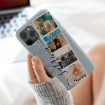 Blue glitter 4 photo grid collage name monogram iPhone 13 pro max case<br><div class="desc">Modern 4 photos grid collage name and monogram ice blue glitter sparkles ombre on dusty teal with a photo booth style collage</div>