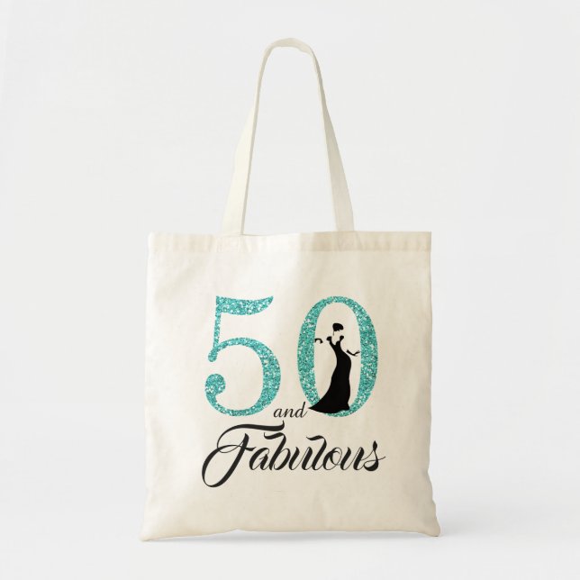 Blue Glitter 50 and Fabulous 50th Birthday Tote Bag (Front)