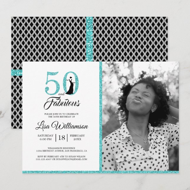 Blue Glitter 50 Fabulous 50th Birthday Party Photo Invitation (Front/Back)