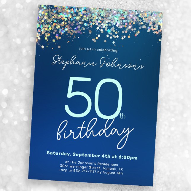 Blue Glitter 50th Birthday Party Invitation (Mock-up view)