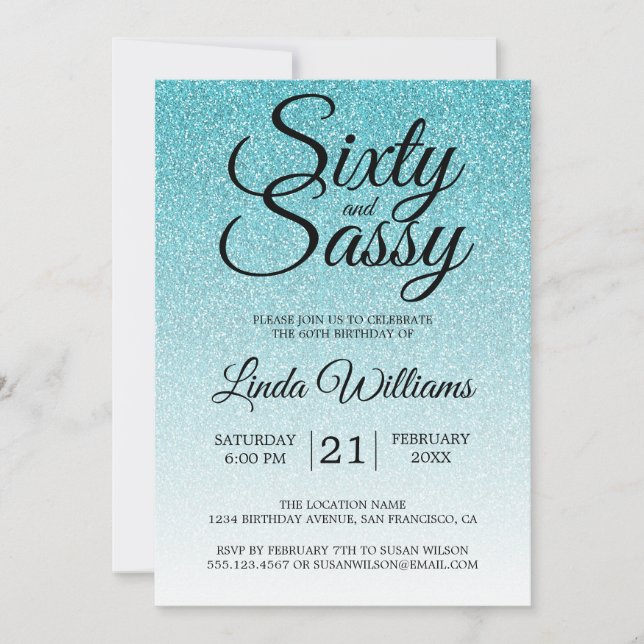 Blue Glitter 60th Birthday Sixty And Sassy Invitation (Front)