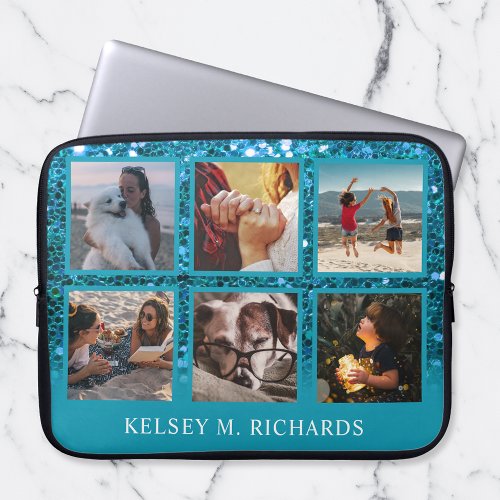 Blue Glitter 6 Photo Collage with Name Laptop Sleeve