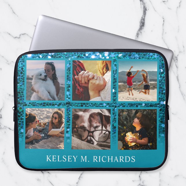 Blue Glitter 6 Photo Collage with Name Laptop Sleeve (Creator Uploaded)