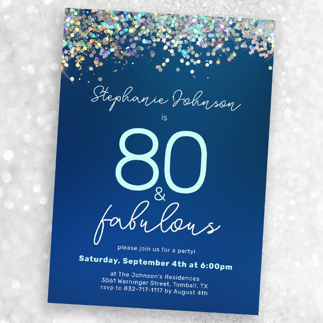 Blue Glitter 80 and Fabulous 80th Birthday Party Invitation (Mock-up view)