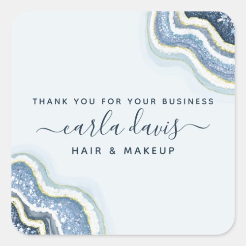 Custom Stickers 15 Blue Glitter Agate Geode Luxe Business Thank You Square Sticker