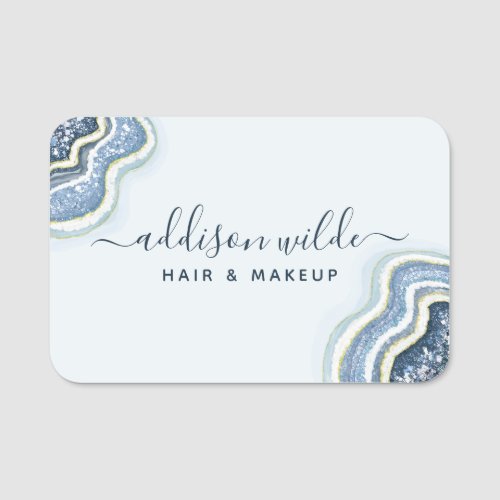 Blue Glitter Agate Geode Luxe Chic Name Tag