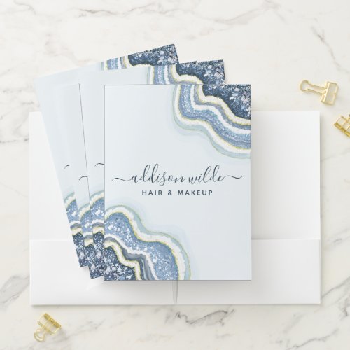 Custom Binders And Folders 17 Blue Glitter Agate Geode Luxe Chic Pocket Folder