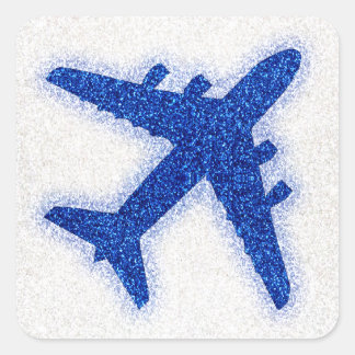 Blue glitter airplane round sticker labels