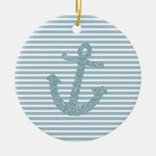 Blue Glitter Anchor Ceramic Ornament