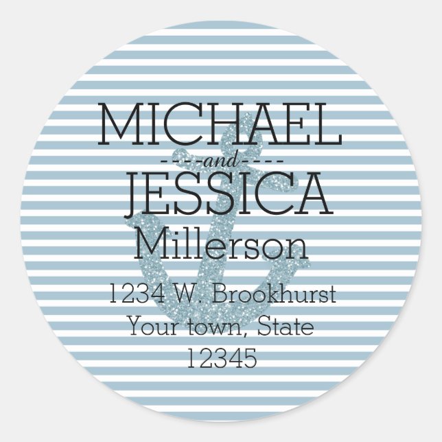 Blue Glitter Anchor Stripes Personalized address Classic Round Sticker (Front)